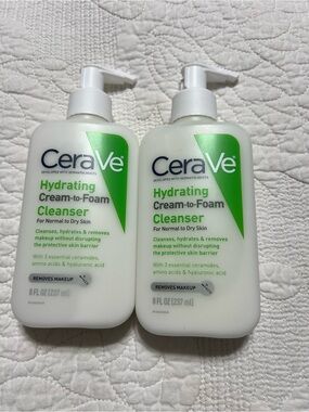 2x CeraVe Hydrating Cream-to-Foam Cleanser Ceramides Removes Makeup 8 oz Each